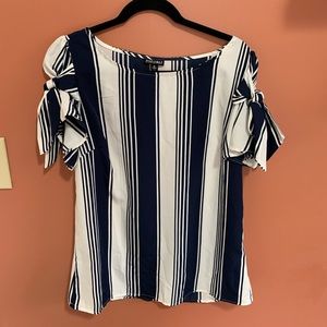 Blue and white tie sleeve blouse